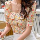 Short-sleeve Floral Chiffon Square-neck Crop Top