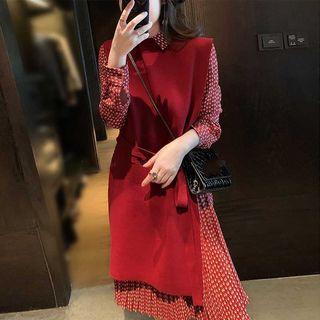 Set: Long-sleeve Printed Midi Pleated Dress + Knit Vest