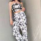Butterfly Print Snap Buckle Cropped Tube Top / Straight Leg Pants