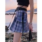 Pleated Plaid Mini Skirt With Belt