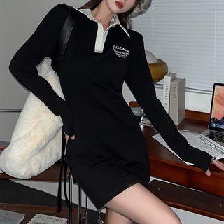 Long-sleeve Contrast Trim Collared Lettering Mini Sheath Dress