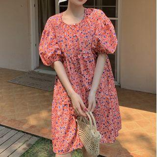 Puff-sleeve Dotted Shift Dress Orange - One Size