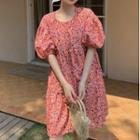 Puff-sleeve Dotted Shift Dress Orange - One Size