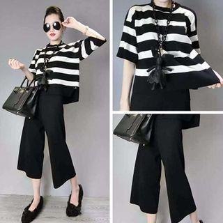 Set: Striped Elbow Sleeve Top + Culottes