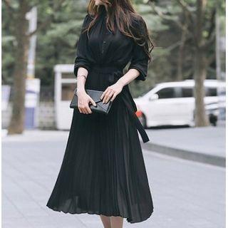 Long-sleeve Accordion-pleat Chiffon A-line Midi Dress