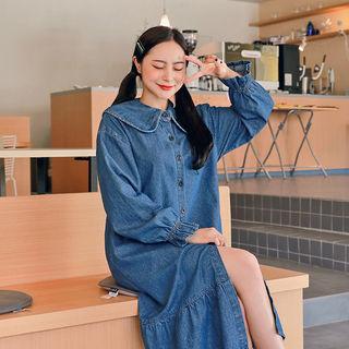 Puritan-collar Ruffled Denim Shirtdress