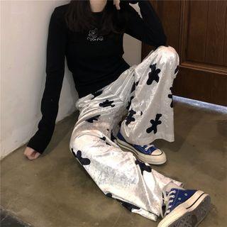 High-waist Bear Print Velvet Pants As Shown In Figure - One Size