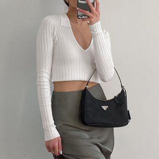 Long Sleeve V-neck Cropped Polo Shirt