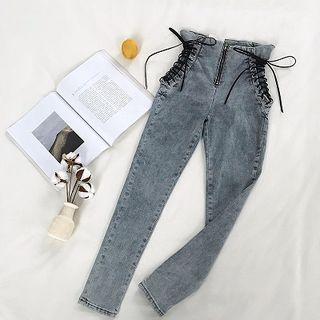 Plain Lace-up High-waist Zip Pants