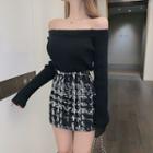 Long-sleeve Off-shoulder Plain Top / High-waist Tweed Skirt