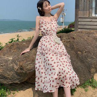 Spaghetti Strap Fruit Print Midi Chiffon Dress