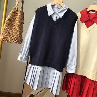 Set: Plain Pleated Mini Shirtdress + Sweater Vest