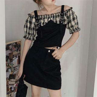 Cold-shoulder Mock Two-piece Top / A-line Mini Skirt