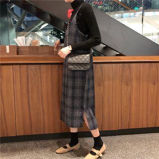 Turtleneck Long-sleeve Knit Top/ Plaid Midi Pinafore Dress