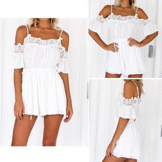 Short-sleeve Off Shoulder Lace Trim Playsuit