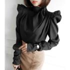 Tie-neck Puff-shoulder Shirred Blouse