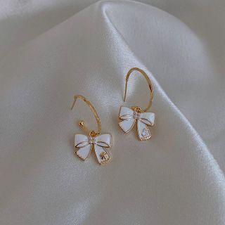 Bow Drop Earring 1 Pair - Gold & White - One Size