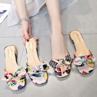 Printed Bow Low Heel Slide Sandals