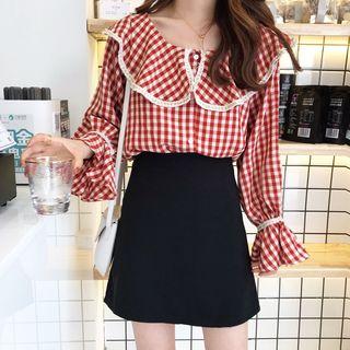 Check Bell-sleeve Blouse Red - One Size