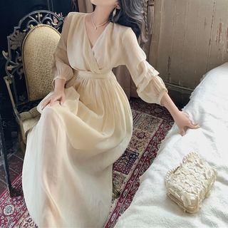 Puff-sleeve A-line Midi Dress Champagne - One Size