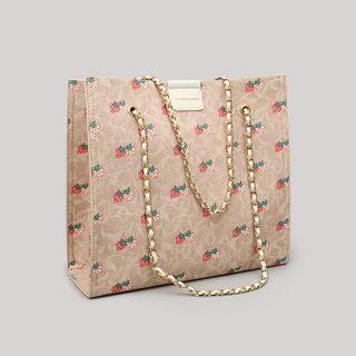 Chain Strawberry Print Faux Leather Tote Bag