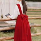 Set: Long-sleeve Blouse + Bow Midi A-line Overall Dress