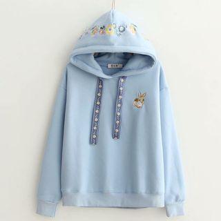 Floral & Rabbit Embroidered Fleece-lined Hoodie