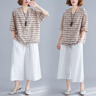 Striped Elbow-sleeve T-shirt / Cropped Wide-leg Pants
