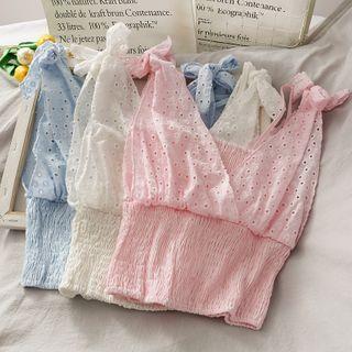 Eyelet Deep V-neck Smocked Crop Top