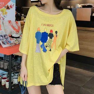 Print Loose-fit Elbow-sleeve T-shirt Yellow - One Size