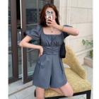 Puff-sleeve Shirred Mini A-line Dress / Wide-leg Playsuit