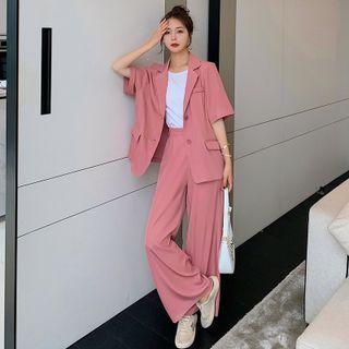 Set: Short Sleeve Two Button Loose Blazer + Plain Wide-leg Dress Pants