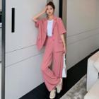 Set: Short Sleeve Two Button Loose Blazer + Plain Wide-leg Dress Pants