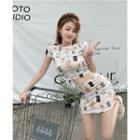 Cat Print Cropped T-shirt / Mini Pencil Skirt