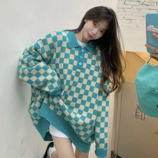 Polo-neck Check Sweater