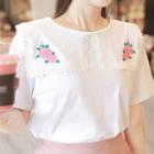Rose Embroidered Sailor-collar Short-sleeve Top