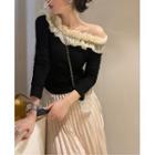 Long-sleeve Frilled Off-shoulder Slim-fit Top Black - One Size