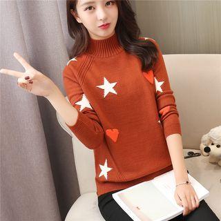 Star & Heart Print Mock-neck Sweater