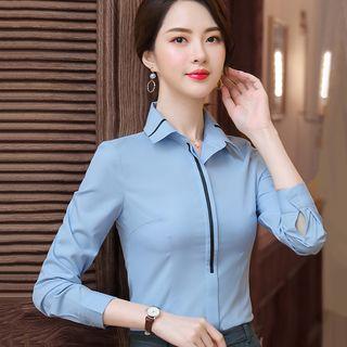 Long-sleeve Contrast Trim Dress Shirt / Striped Dress Pants / Set