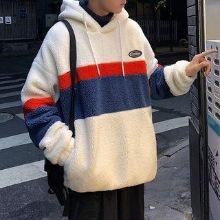 Long-sleeve Applique Striped Faux Fur Hoodie