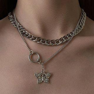 Set: Butterfly Pendant Necklace + Chain Necklace Set Of 2 - Necklace - Silver - One Size