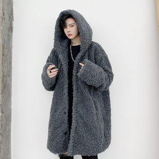 Hooded Fleece Button-up Long Coat