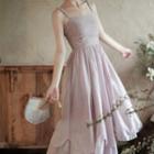 Shirred Strap Midi A-line Dress / Floral Embroidered Cardigan / Set