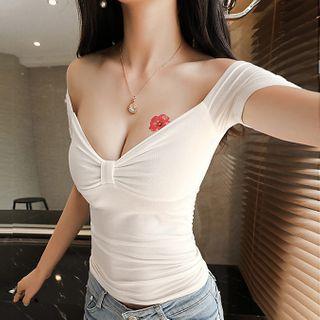 Ruched V-neck Short-sleeve Top White - One Size