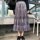Tiered Lace Trim Midi A-line Velvet Skirt