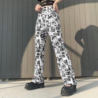 High-waist Pattered Straight-cut Pants