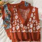 Dip-back Flower-print Loose Knit Vest