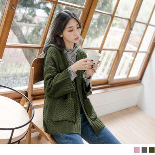 Drop Shoulder Pocket Cable Knit Cardigan