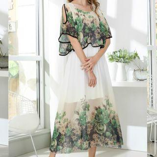 Floral Print Mock Two-piece Midi Chiffon Dress