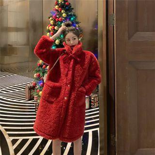 Fleece Button-up Long Coat Red - One Size